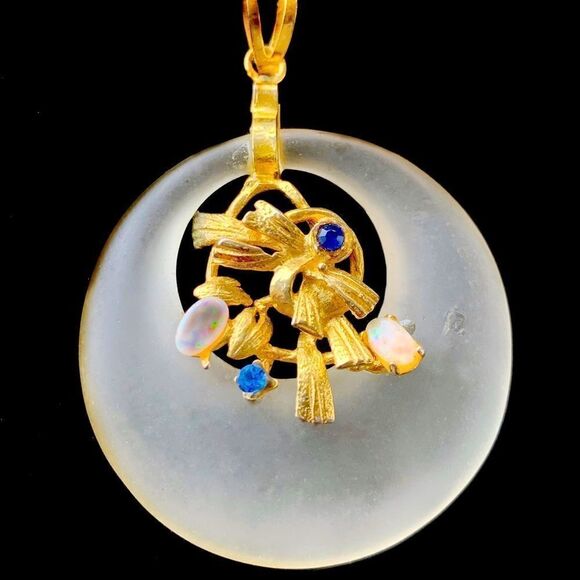 Vtg Hobe’ camphor glass gold tone round floral opal faux sapphire pendant - Picture 1 of 6